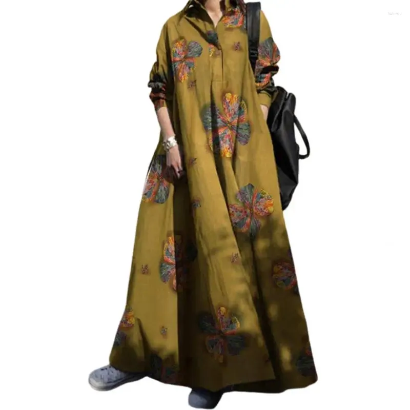 Sıradan elbiseler retro kadınlar elbise etnik tarzı a-line baskı down runn-down yaka uzun kol ayak bileği uzunluğu büyük salıncak bahar sonbahar