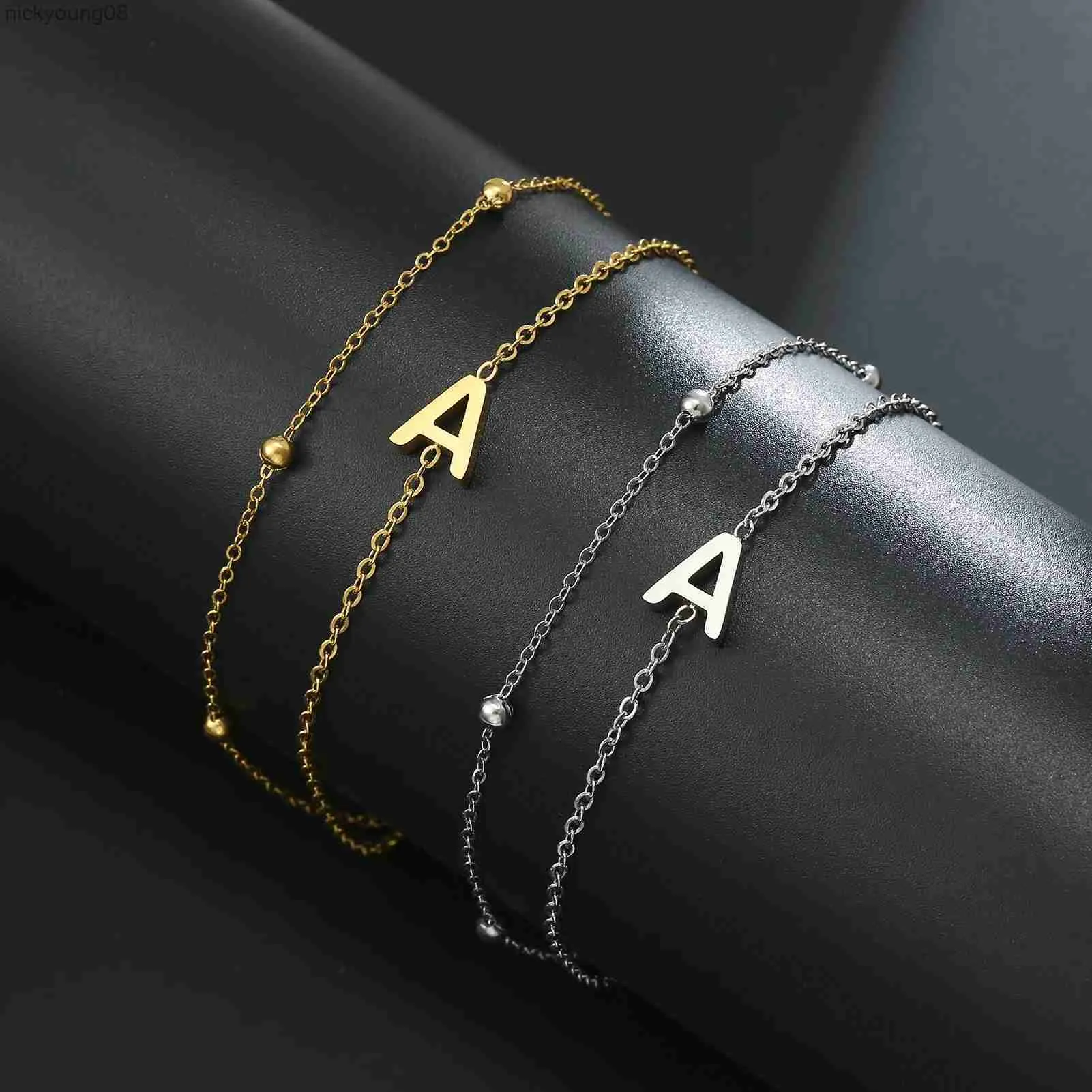 Armreif Edelstahl Doppelschicht-Kettenarmbänder A-Z Buchstabenarmbänder Mode Perlenkettenarmbänder Damenschmuck für HochzeitsgeschenkL2403