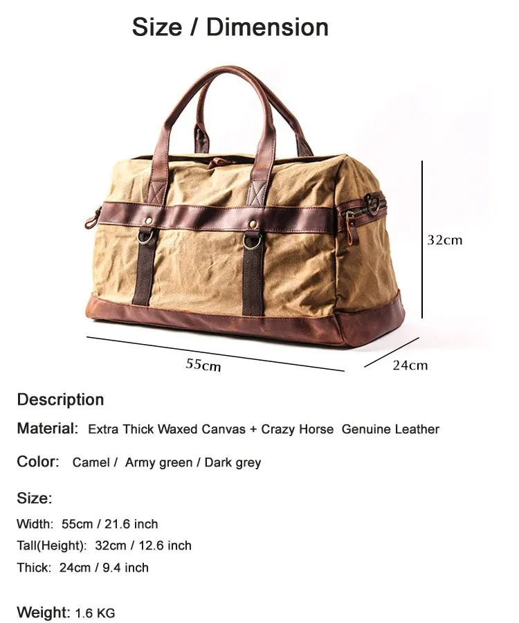 VZVABAG Borsa Da Viaggio In Tela Cerata Impermeabile Vintage - 52x22x30 Cm - Con Tracolla Regolabile - Per Uomo E Donna, Capiente, In Vera Pelle