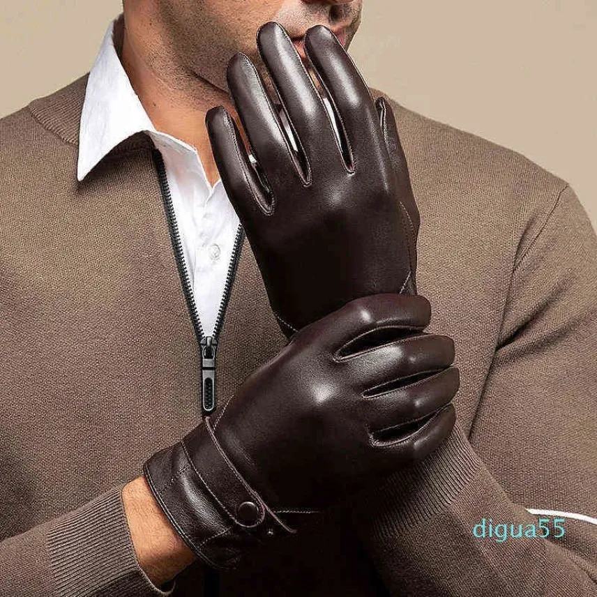Fashion Autumn Men Business Sheepskin Leather Gloves Winter Full Finger Touch Screen Black Gloves Riding Motorcykelhandskar175o