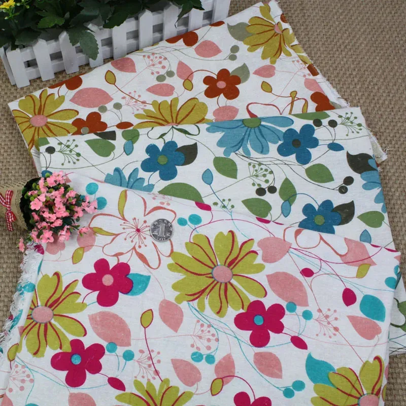 Fabric cotton and linen PASTORAL pink blue brown big floral printed textile for DIY handwork tablecloth curtains blouse dress fabrics