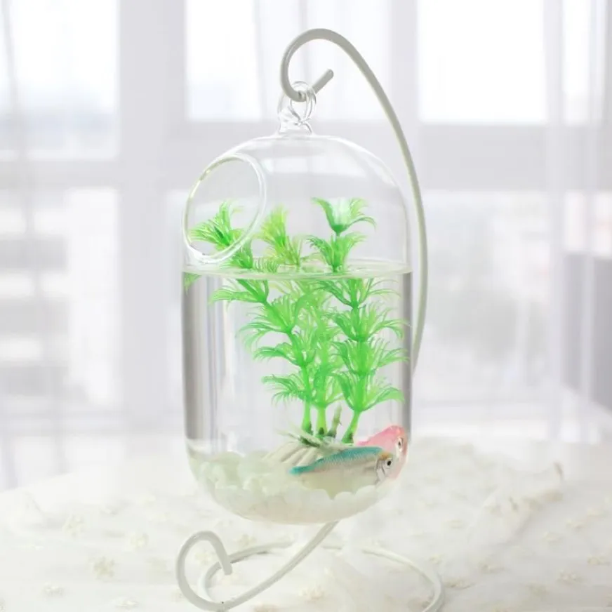 Botella de infusión para pecera de cristal colgante transparente suspendida de 15cm, florero para plantas y flores de acuario para decoración del hogar, acuarios 265v