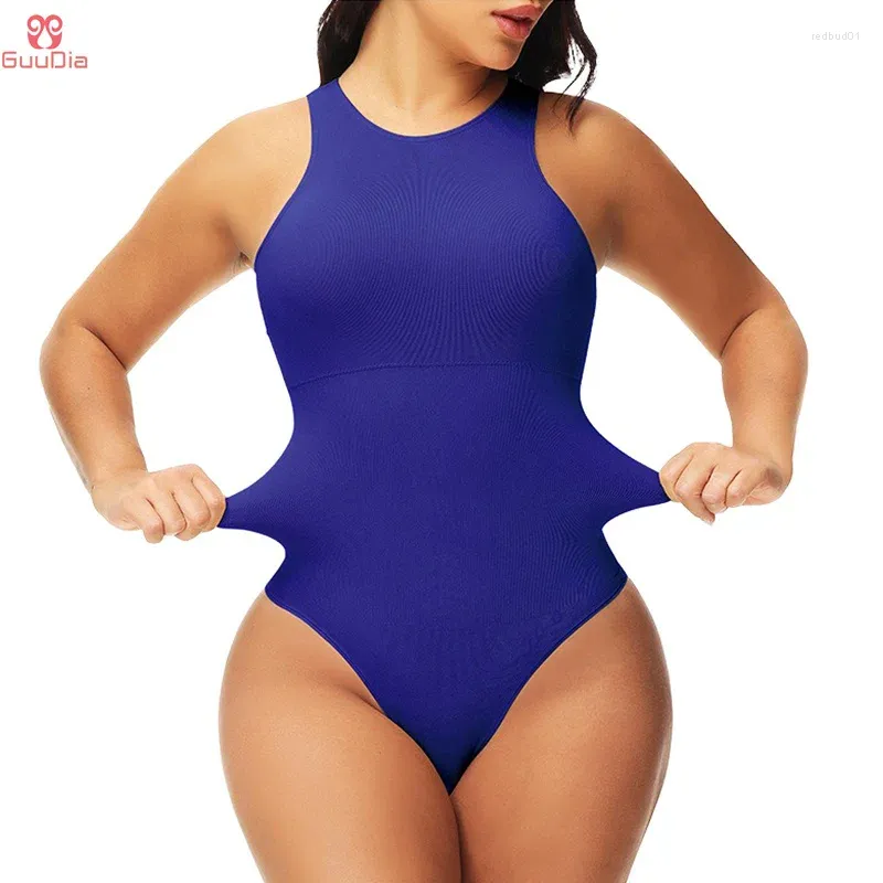 Women's Shapers GUUDIA Elegant Neck Padded Bra Cup Bodysuits Open Crotch Ribbed Fabric Shapewear Tummy Control Body Shaper Thong String