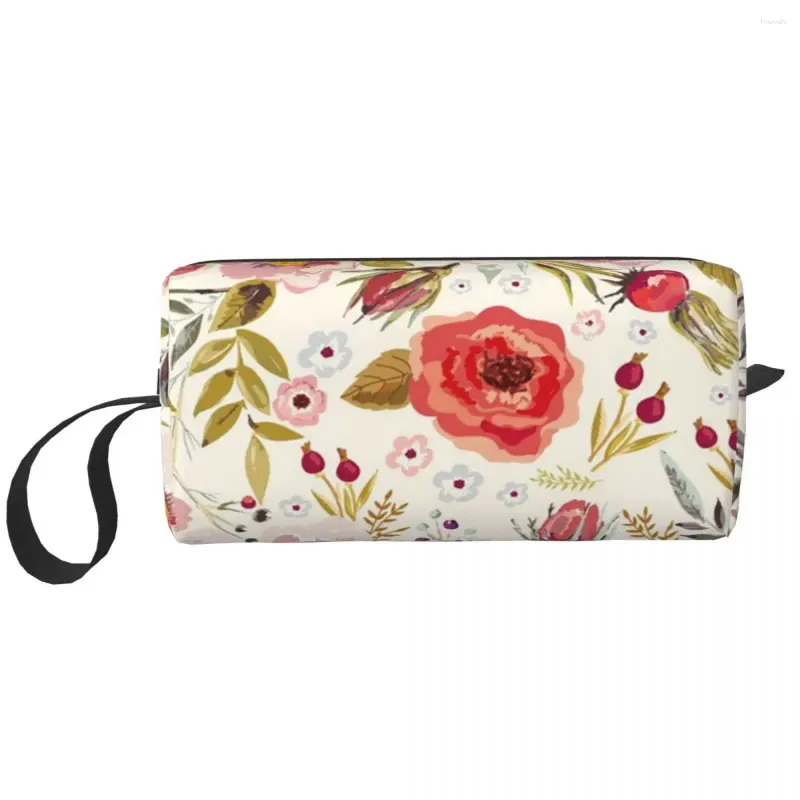 Cosmetic Bags Vintage Hand Drawn Floral Portable Makeup Case For Travel Camping Outside Activity Toiletry Jewelry Bag