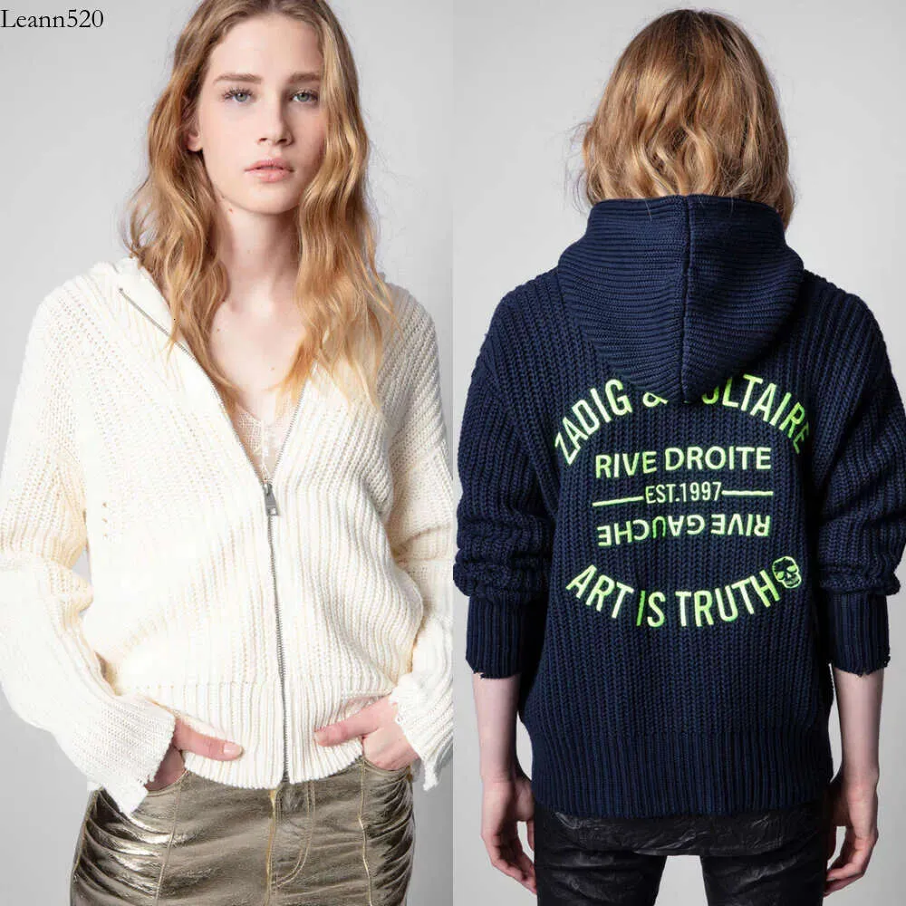 23aw Zadig Voltaire Nieuwe Niche Designer Trui Jassen Zv Mode Handgemaakte Gehaakte Letter Fijn Borduursel Rits Wol Losse Dames Trend Gebreide Jas Tops