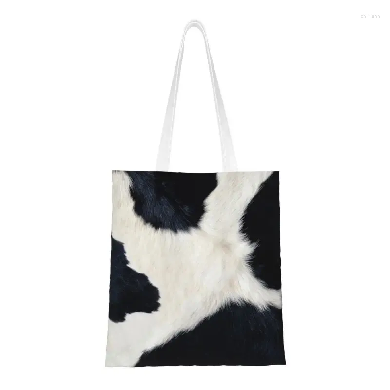 Shopping Bags Black And White Cow Hide Groceries Printed Canvas Shopper Tote Shoulder Bag Simulated Cowhide Textured Handbag