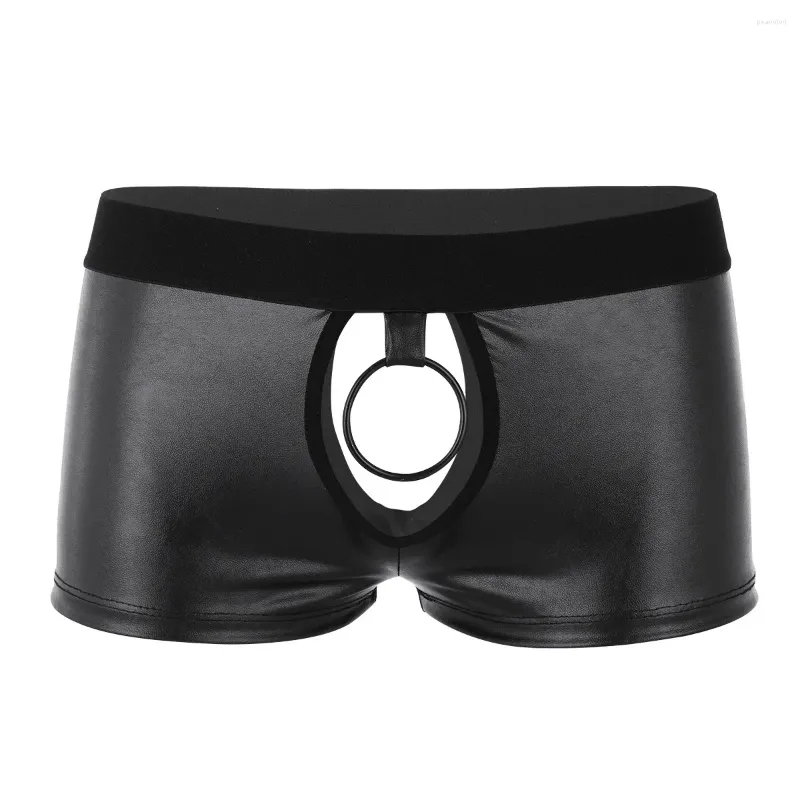 Cuecas pretas mens lingerie macio couro falso corte baixo aumento boxer briefs roupa interior com bola levantador metal o-ring