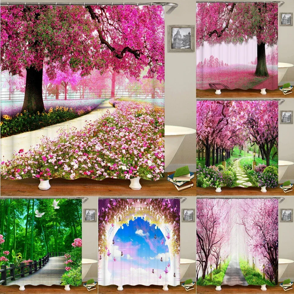 Gardiner vattentätt tyg 3d dusch gardin badrum gardin rosa träd landskap polyester badgardin dekorera med krokar kortina