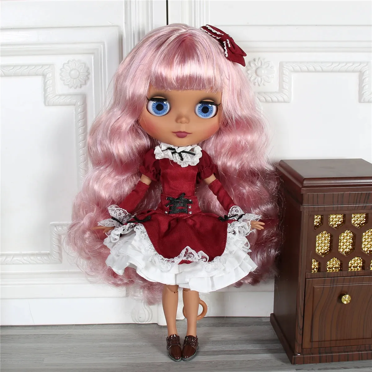 ICY DBS Blyth Doll 16 bjd joint body dark skin matte face purple mix pink hair toy 30cm girls gift 240311