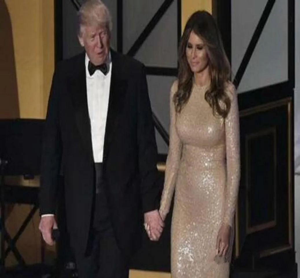 2020 New Melania Trump paillettes champagne robes de célébrité sirène encolure ras du cou avec illusion manches longues longueur de plancher soirée Dr1205052