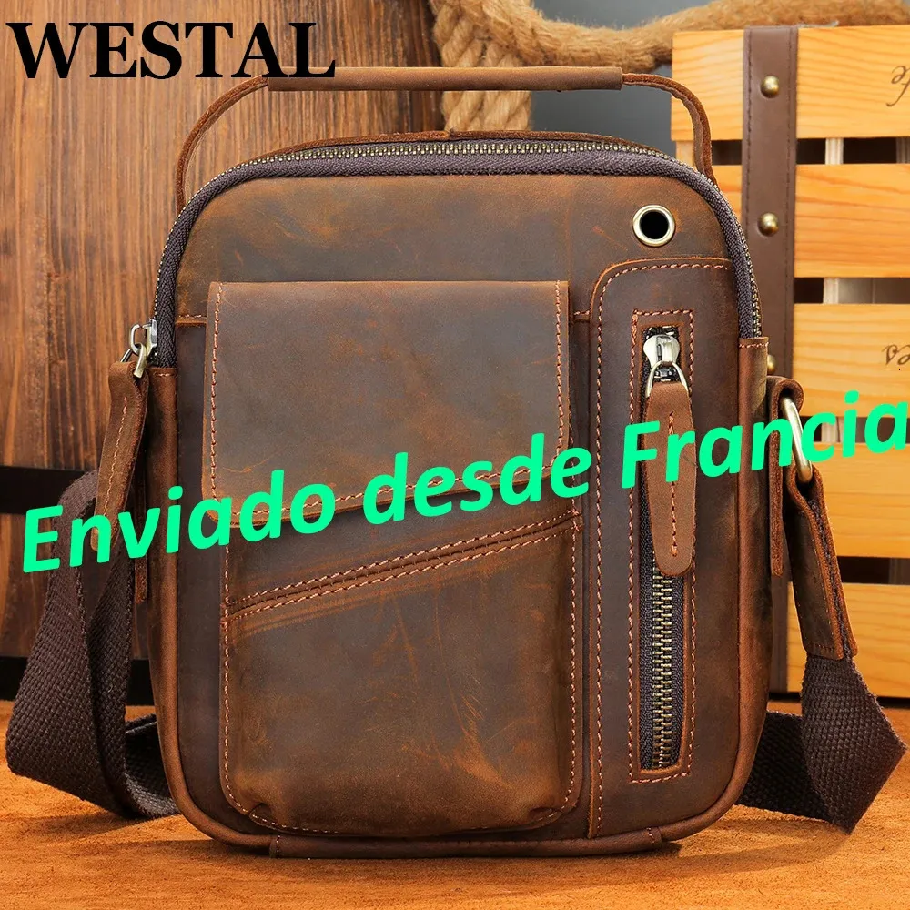 Sacos de ombro de couro de cavalo louco do oeste para homens bola de crossbody meu pedido de carregamento USB Bolsas de mensagens Man 240311