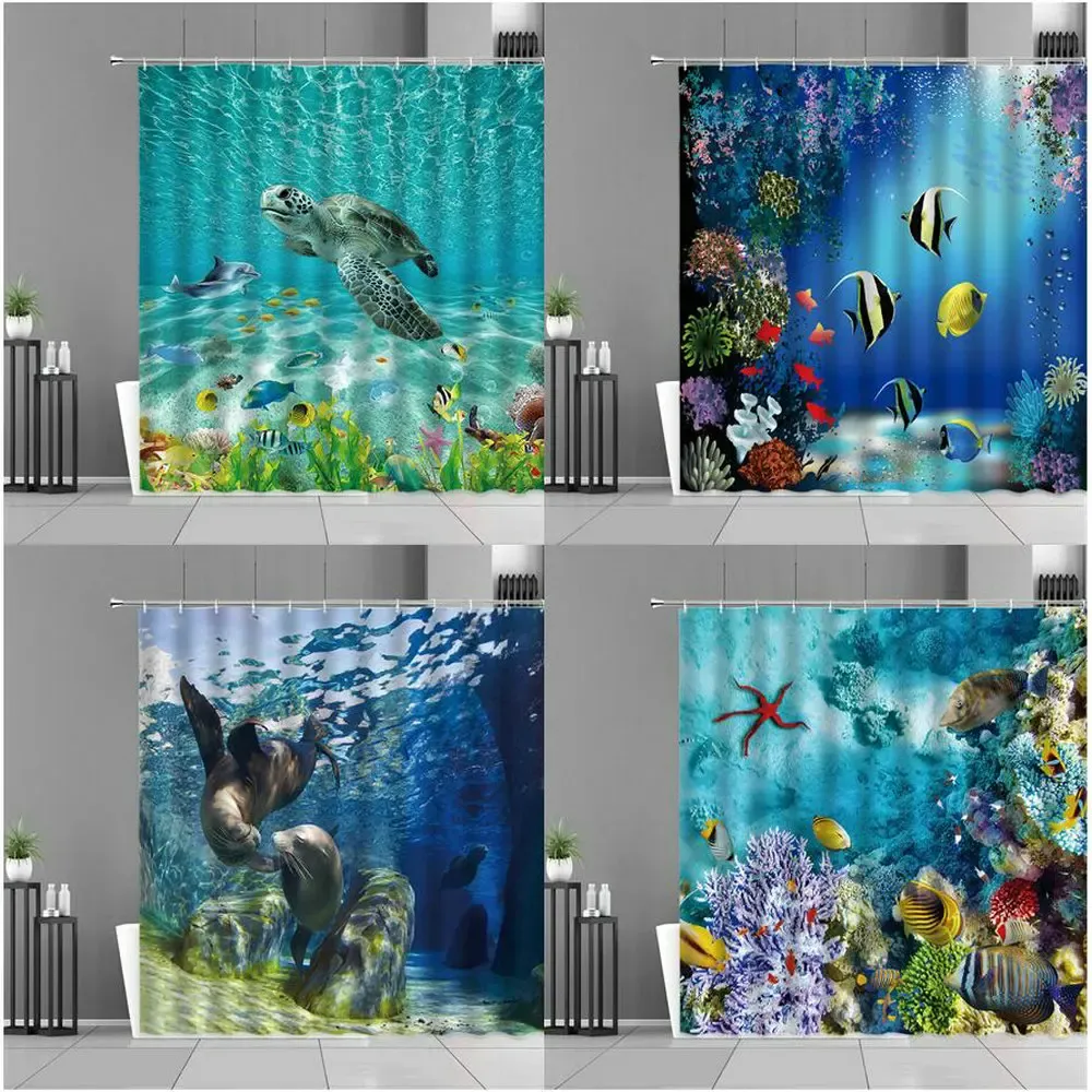 Rideaux Océan monde sous-marin rideau de douche poisson tortue de mer requin rideaux de bain salle de bain décor écran imperméable Polyester avec crochets