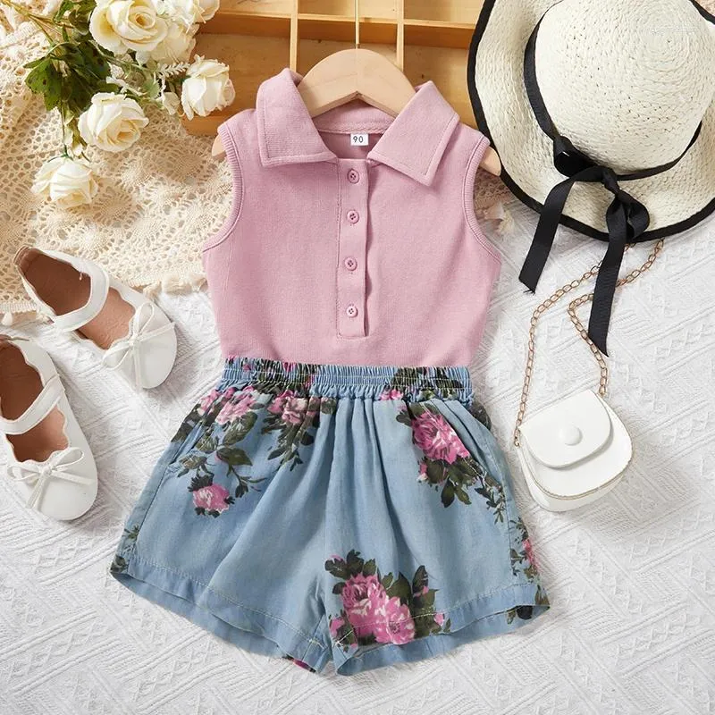 Ensembles de vêtements Summer Girls Costumes sans manches Chemise à revers Denim Shorts Mode Enfants Casual Deux pièces Baby Girl Outfit Set 2-7Y