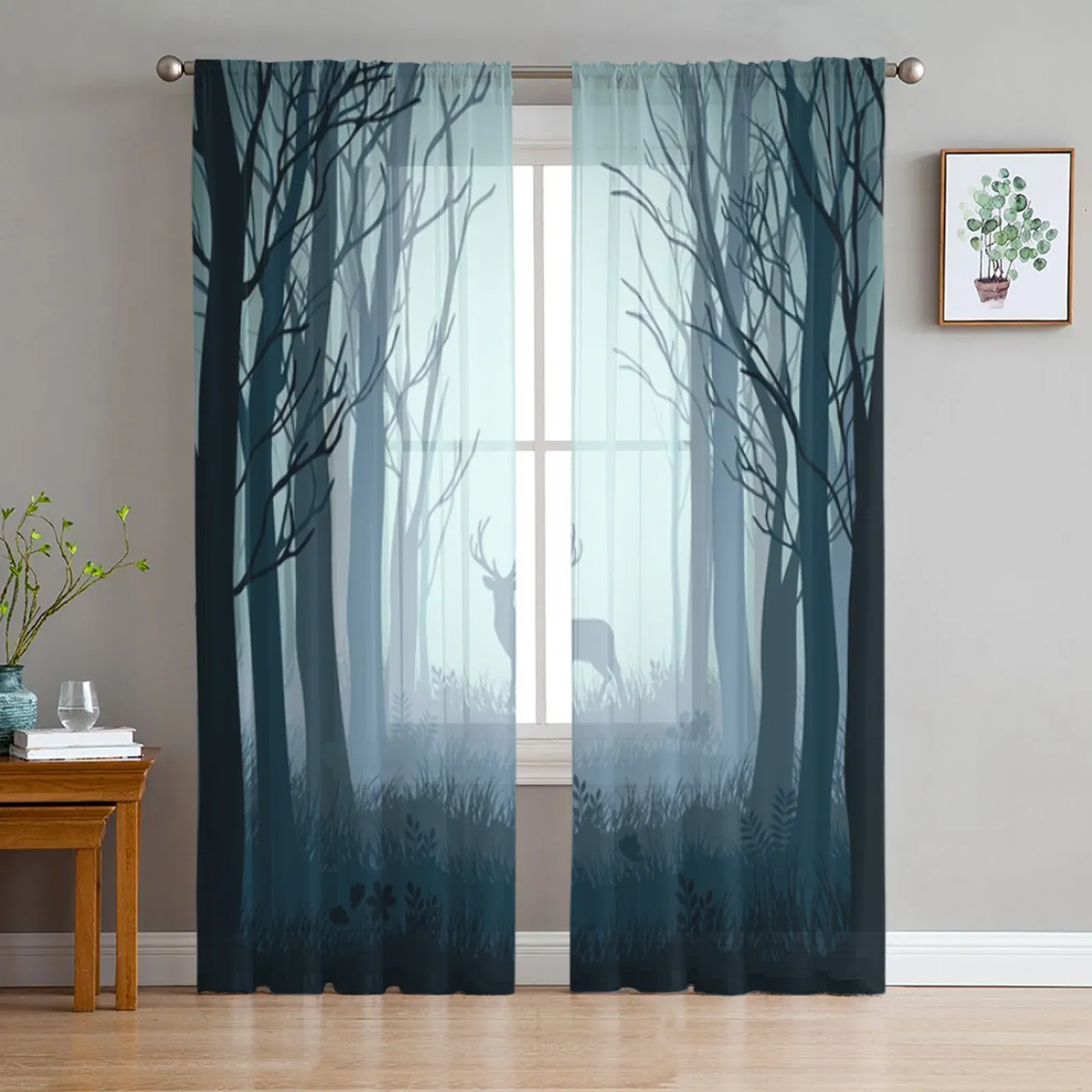 Volets cerf en automne forêt brumeuse rideaux transparents pour salon rideau de fenêtre en tulle transparent chambre cuisine décor voile rideaux