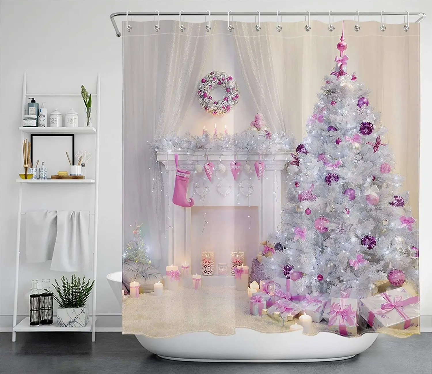 Cortinas árvores de natal cortinas de chuveiro cobertas por bolas de natal rosa presentes lareira velas inverno casa decoração de cortina de banheiro com ganchos