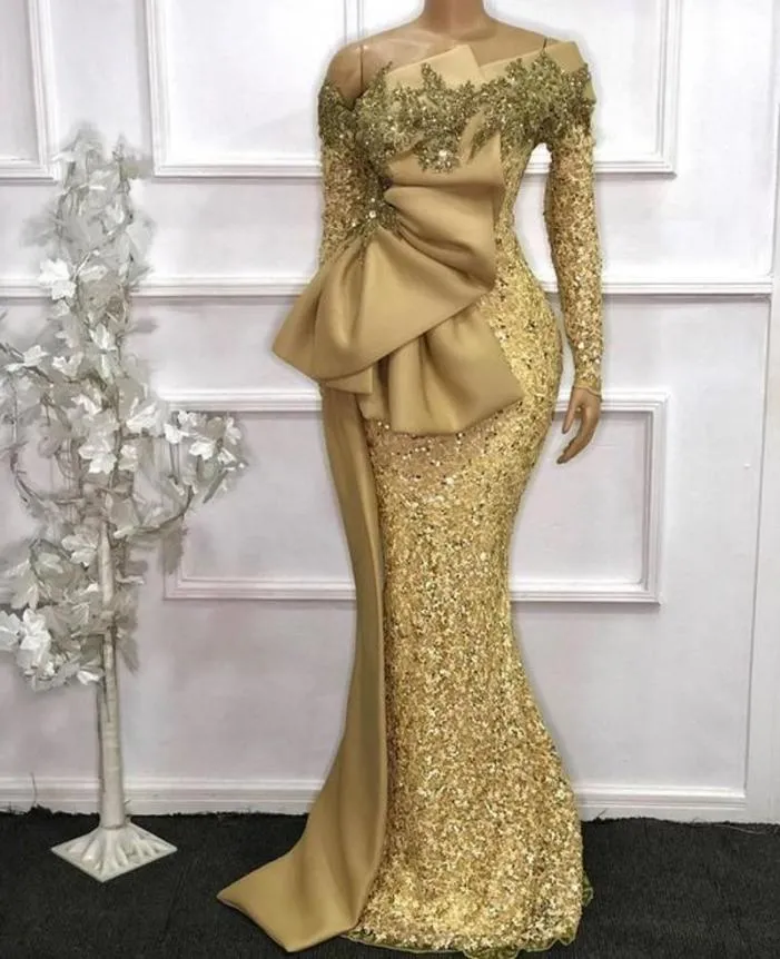 2021 Sexig elegant afrikanska långa ärmar Lace Mermaid Prom Dresses Gold See Through Off Shoulder Sequined Crystal Beaded Evening Gow5209341