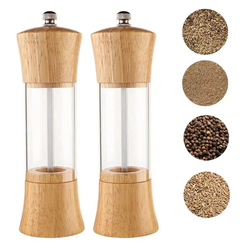 Oak Wooden Salt and Pepper Grinder Set Manual Spice Mills With Acrylic Visible Window BBQ Shakers Tool 240308