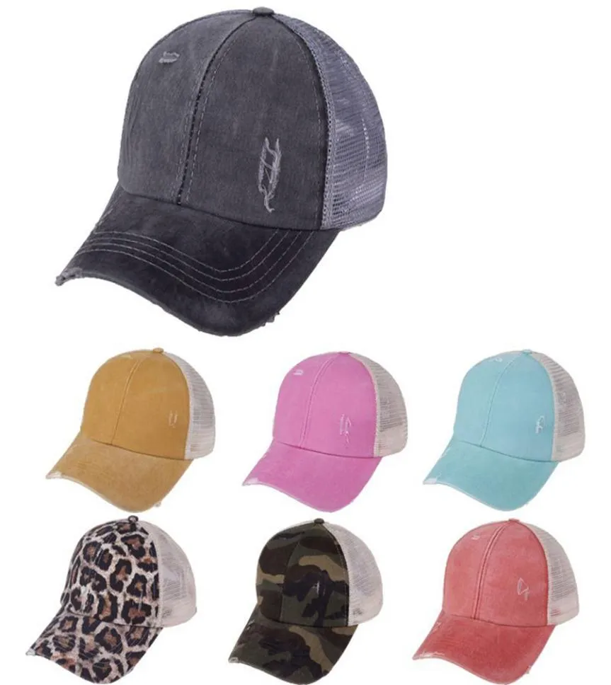 Chapeaux de queue de cheval 30 couleurs lavées maille dos léopard tournesol Plaid camouflage creux chignon en désordre casquette de baseball chapeau de camionneur LJJO82259513125