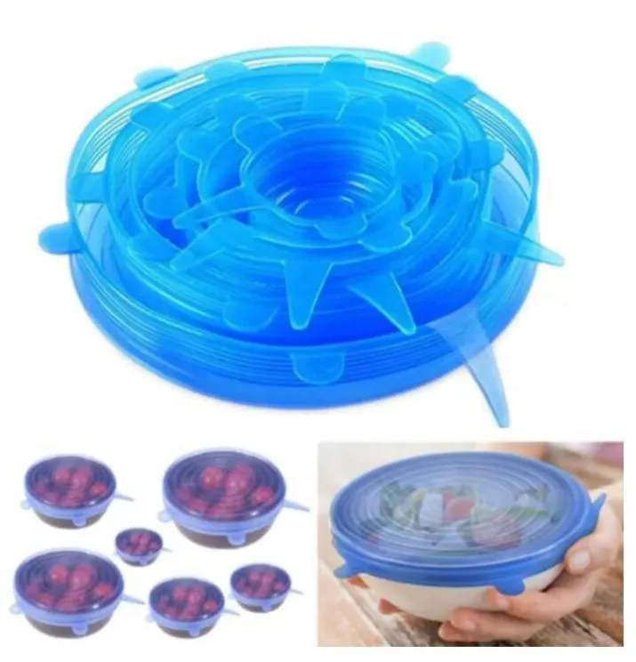 DHL 6 UNIDS Set Estiramiento de Silicona Tapas de Olla de Succión Silicona de Grado Alimenticio Envoltura de Mantenimiento Fresco Tapa de Sello Tapa de Sartén Accesorios de Cocina Bonitos 9717901