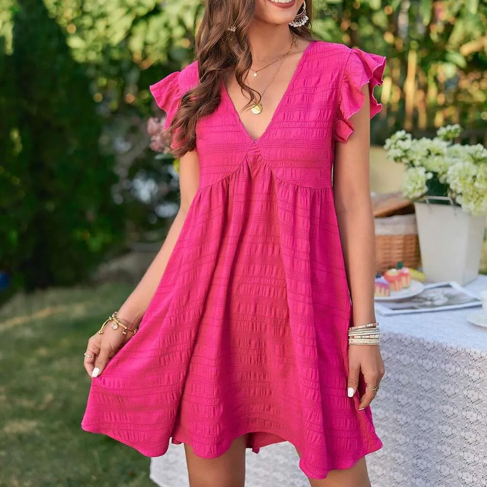 Vestido feminino de verão com decote em V babado saia curta cor sólida elegante