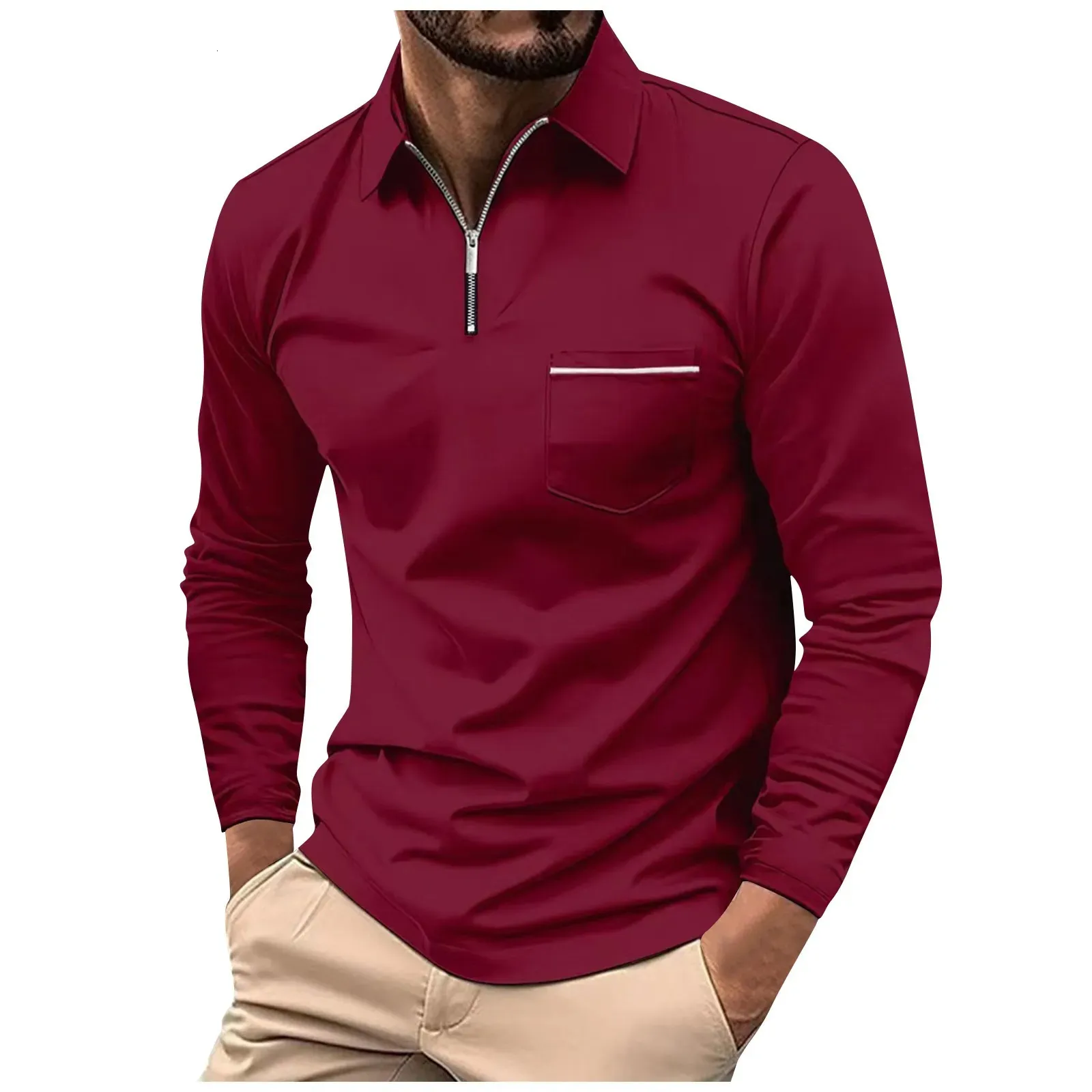 Polo pour hommes, couleur unie, manches longues, décontracté, ample, haute qualité, fermeture éclair à revers, Design à manches longues, haut d'affaires formel 240301