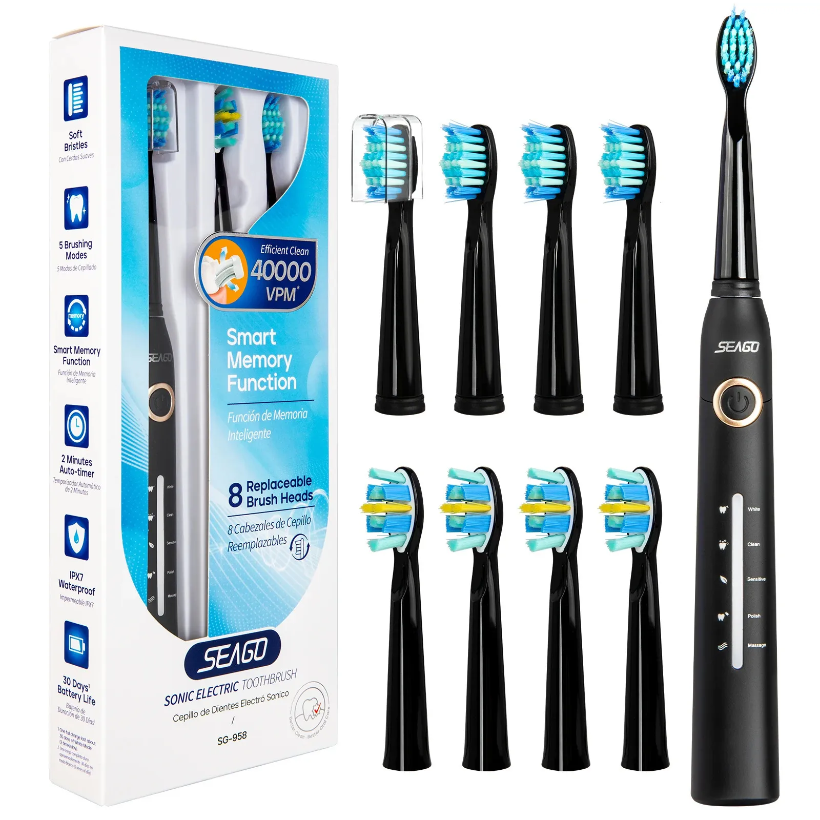Seago Electric Tooth Brush Sonic Tandborste 30 dagar lång batteritid 2 minuter Smart Timer 5 -lägen med 8 ersättningsborsthuvud 240301
