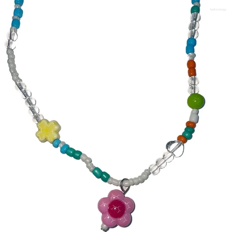 Pendant Necklaces Colorful Crossed Beaded Necklace Bohemian Flower Handmade Seed Bead Clavicle