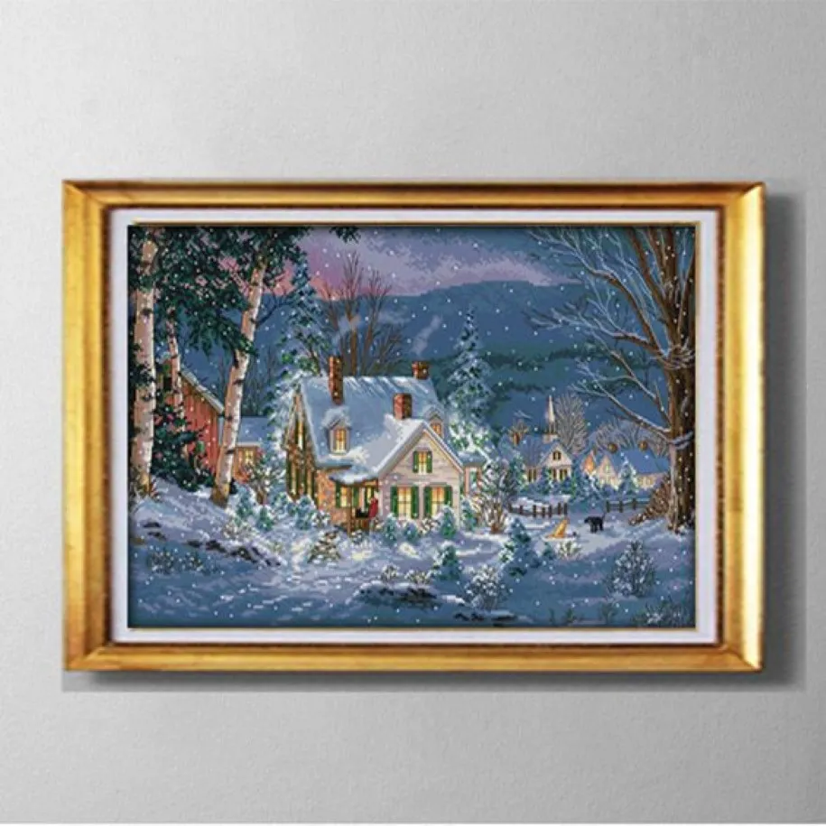 La nuit enneigée de Noël DIY fait à la main au point de croix, ensembles de broderie, kits de peintures comptées imprimées sur toile DMC 1259k