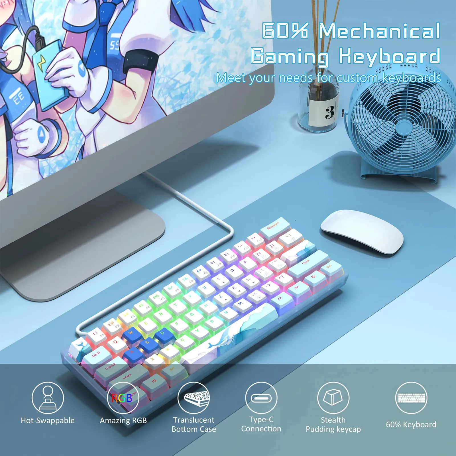 -Clavier de jeu mécanique rvb échangeable Pudding Keycap TKL 60% clavier d'ordinateur filaire pour ordinateur portable bureau PC 240304