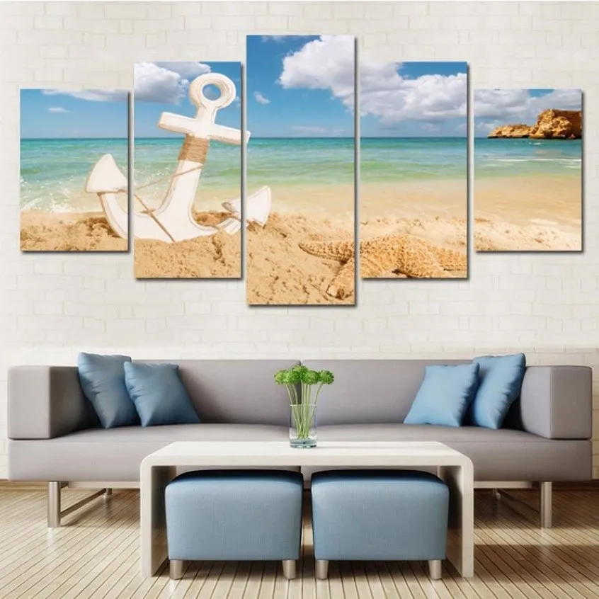 5 Pieces Modern Canvas Painting Wall Art For Home Decoration Anchor With Starfish On Sandy Beach Summer Holiday Concept Beach Seas284q