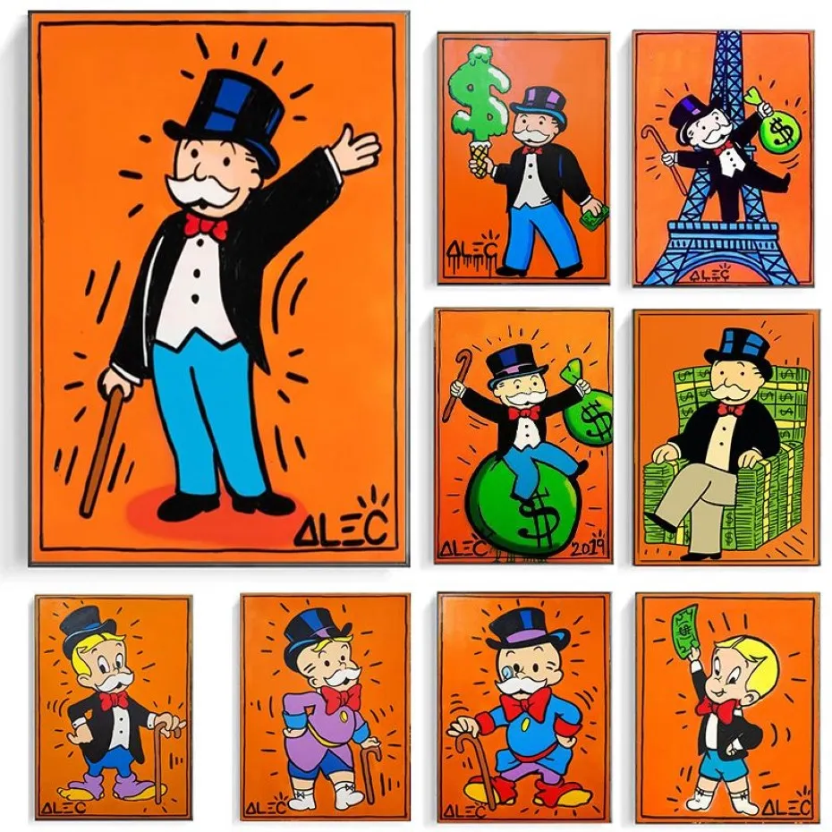 Affiches et imprimés de dessin animé Gentleman Rich Man Alec Monopoly, peintures sur toile, images d'art murales pour salon, décoration de la maison, Cua235P