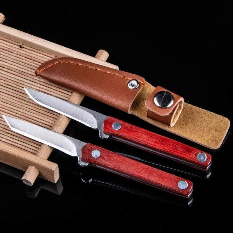 Coltelli da caccia da campeggio Coltello da campeggio fisso affilato per esterni in acciaio inossidabile Mini coltello da sopravvivenza con manico in legno Coltelli tascabili EDC alla griglia con custodia in pelle 240315