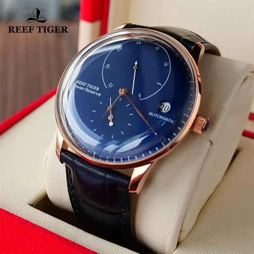 Armbanduhr Riff Tiger RT Power Reserve Design Blaues Zifferblatt Mechanische Uhr Luxus echtes Lederband wasserdichte Herren automatisch288w