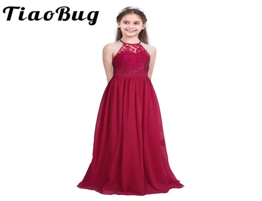 Tiaobug Embroidered Flower Girls Dress Halter Sleeveless Bridal Wedding Prom Party Formal Occasion Teenage Floor Length Dress1442967