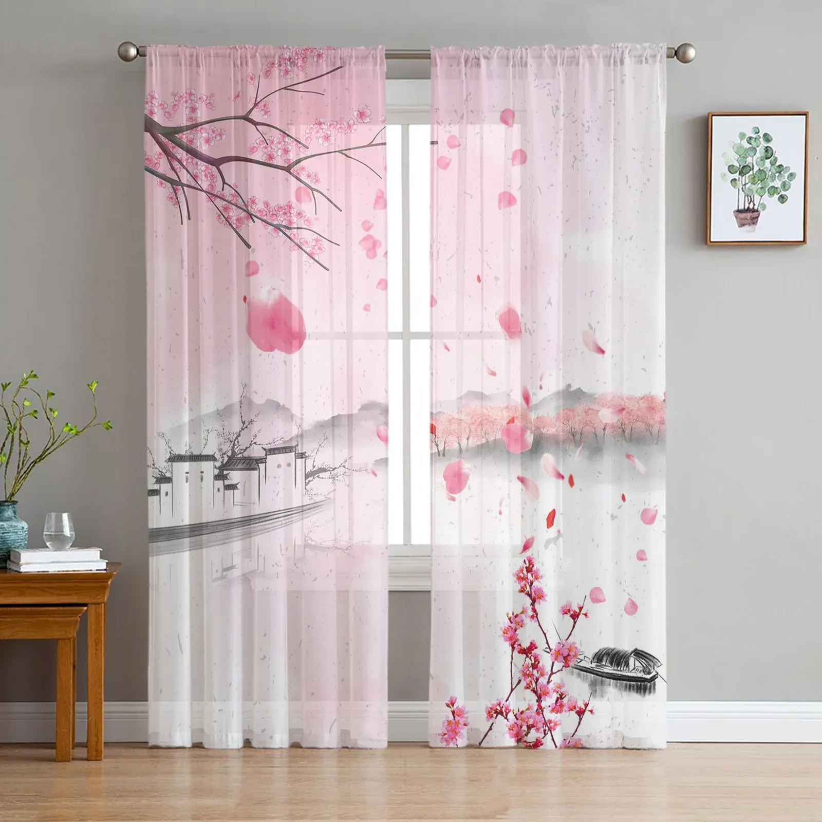 Cortinas aquarela flor de cerejeira tule para sala de estar decoração de quarto chiffon transparente voile cortina de janela de cozinha