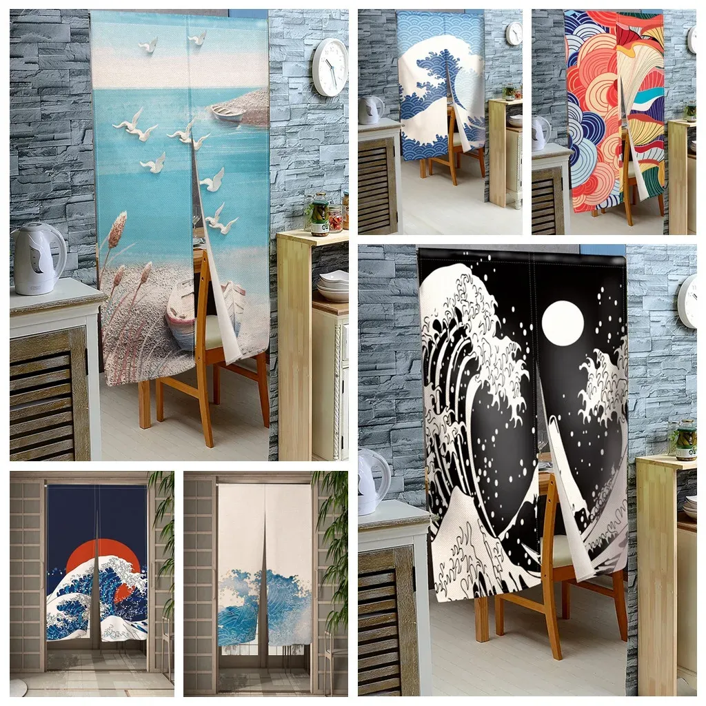 Rideaux Rideau de porte solaire japonais, vagues de l'océan de mer, cloison imprimée, porte de cuisine, fleurs de cerisier, draperies décoratives en lin, décor de café