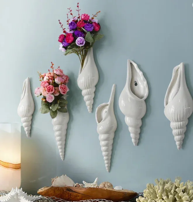 Vases Simple modern threedimensional conch bar wall decoration wall vase flower vessel creative background home decoration