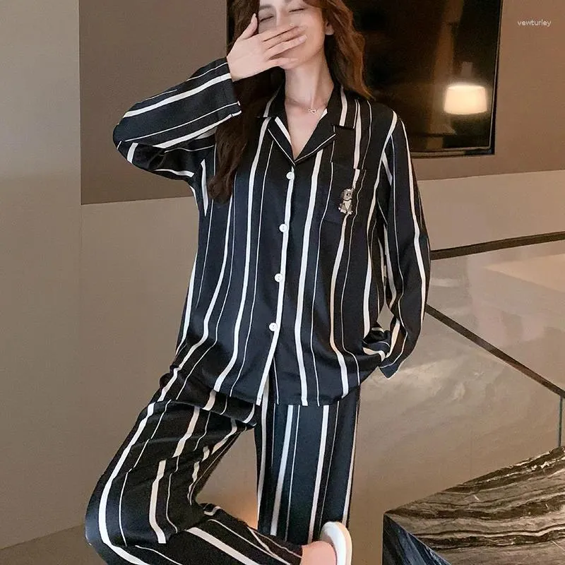 Women's Sleepwear Striped Printed Pajamas Long Sleeved Lapel Shirt Pants Two Piece Loungewear Nightwear Loose Casual Intimate Lingerie Home