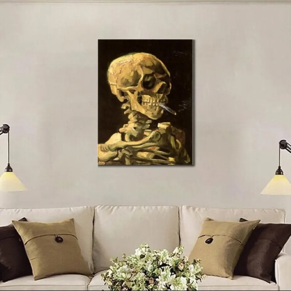 Famous Vincent Van Gogh Oil Paintings Reproduction Hand Painted Skull with Burning Cigarette Canvas Art248B