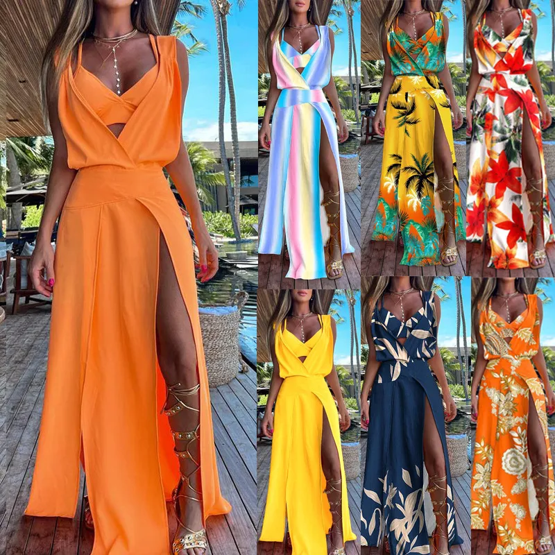 Robes décontractées Holiday Lady Sexy Boho Style Off Épaule Tropical Imprimer Volants Taille Haute Été Femmes Jaune Maxi Robe avec ceinture