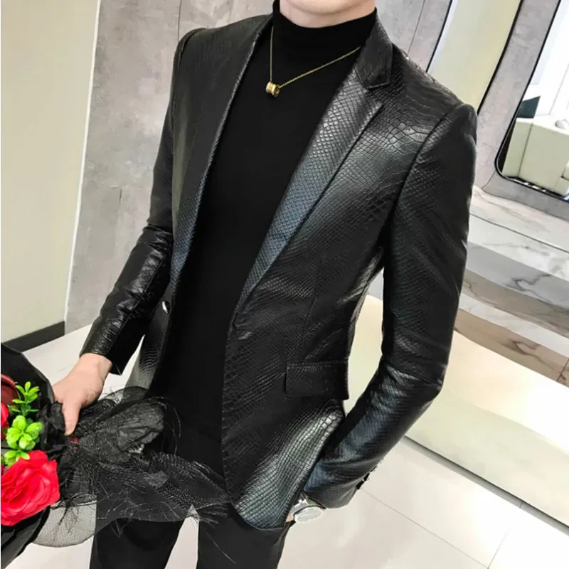 Men Suit Black Slim Fit Blazer Hombre PU Leather Jacket Male One Button Business Casual Prom Korean Suit Coat 240306