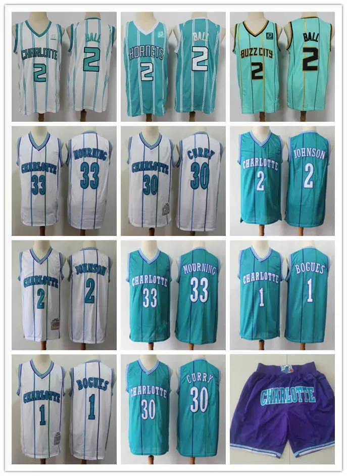 Personnalisé Hommes Femmes Jeunes Charlotte''Hornets''Jersey 33 Alonzo Mourning 2 Larry Johnson 1 Bogues 30 Dell Curry 2 LaMelo Ball Basketball Shorts MaillotsHommes personnalisés femmes enfants