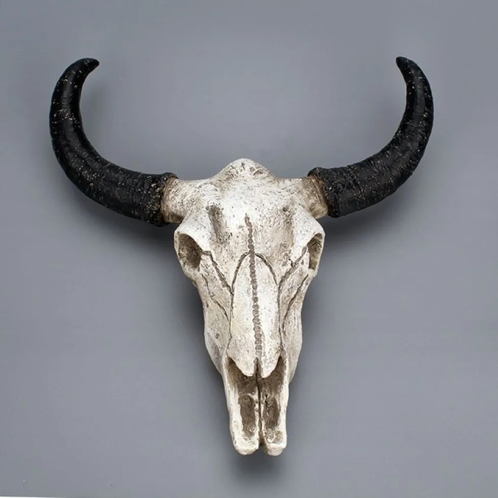 Harts Longhorn Cow Skull Head Wall Hanging Decoration 3D Animal Wildlife Sculpture Figurer Hantverk Horn för heminredning T200331231Y