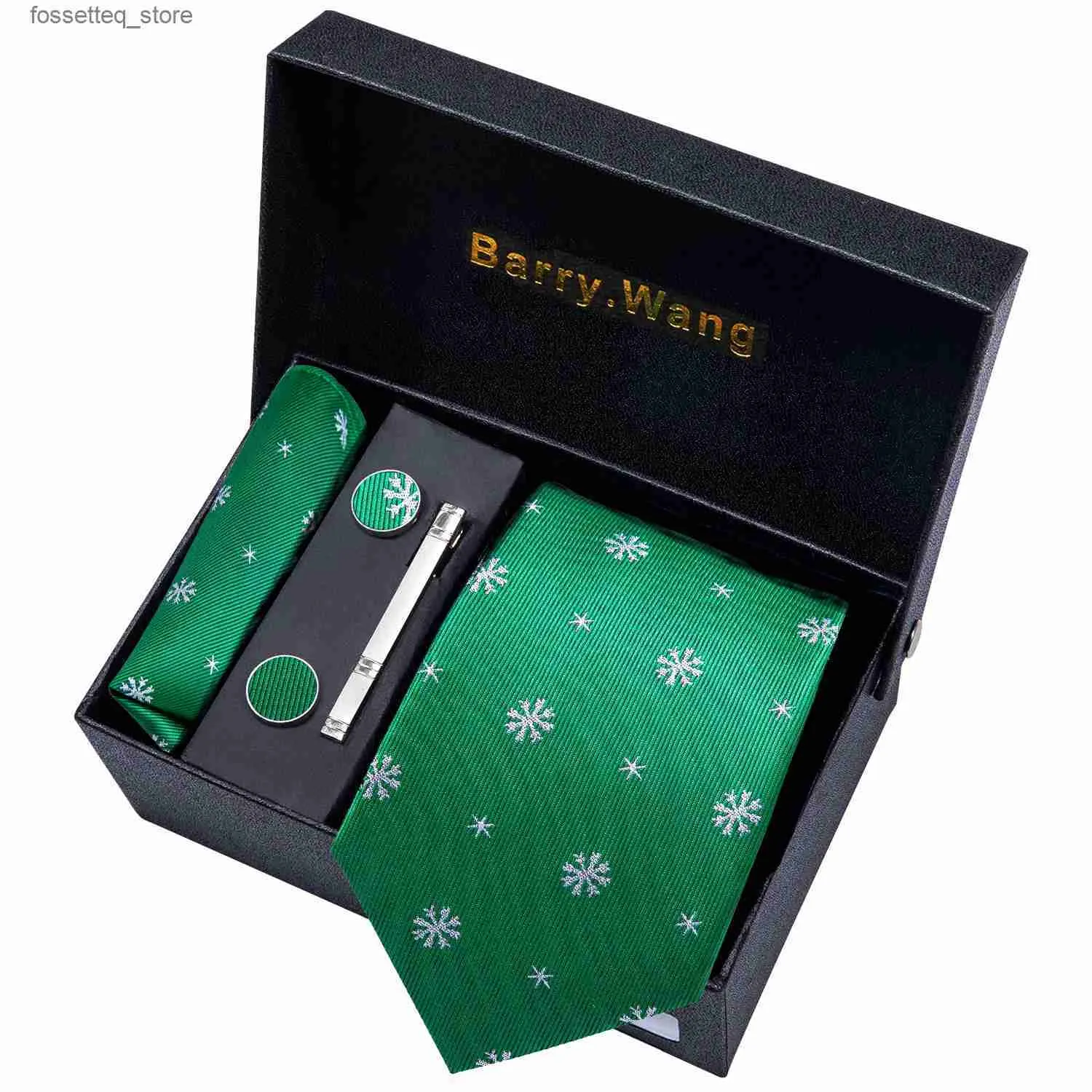 Stropdassen Barry.Wang Boxed Heren Kerststropdas Groene Zijden Stropdas Hankerchief Manchetknopen Set Kerst Festival Das Met Doos Witte Sneeuw Kerstman L240313