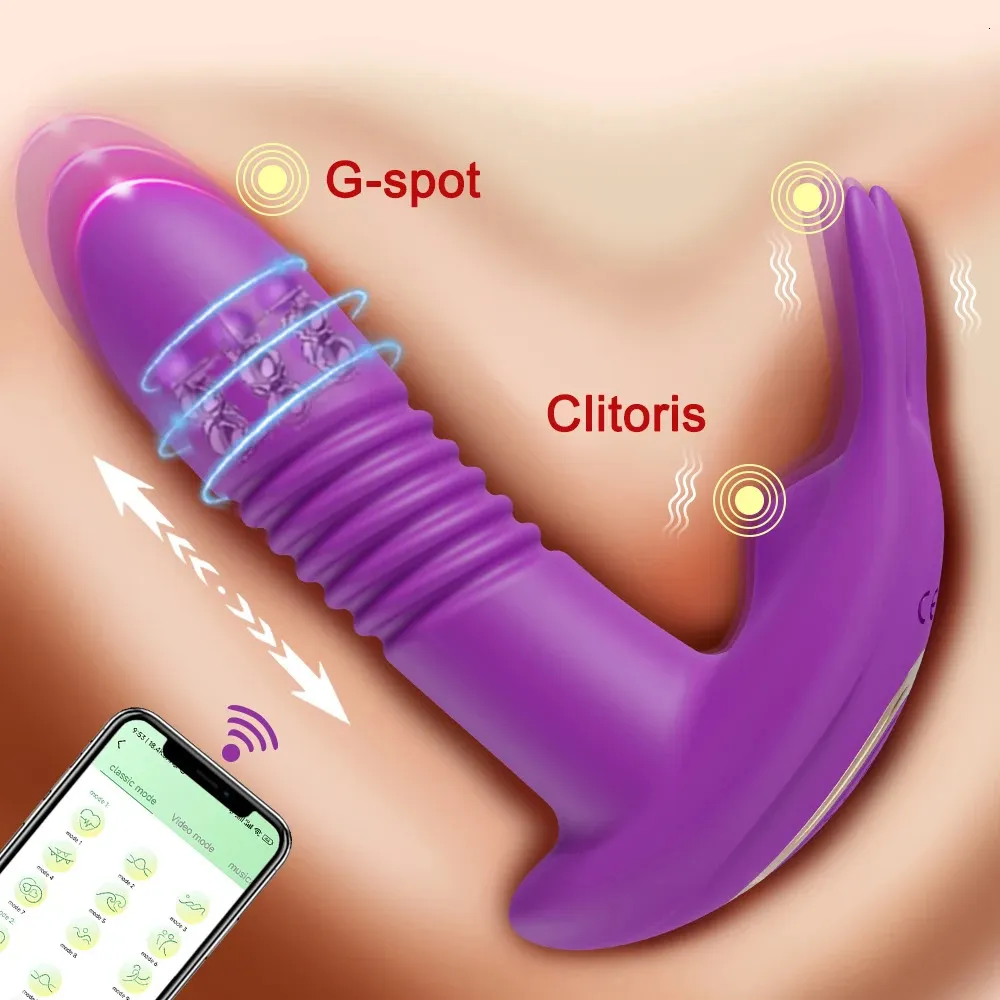 Aplikacja wibrator pchający Bluetooth dla kobiet stymulatora łechtaczki obrotowe teleskopowe dildo zdalne sterowanie giem dorosły