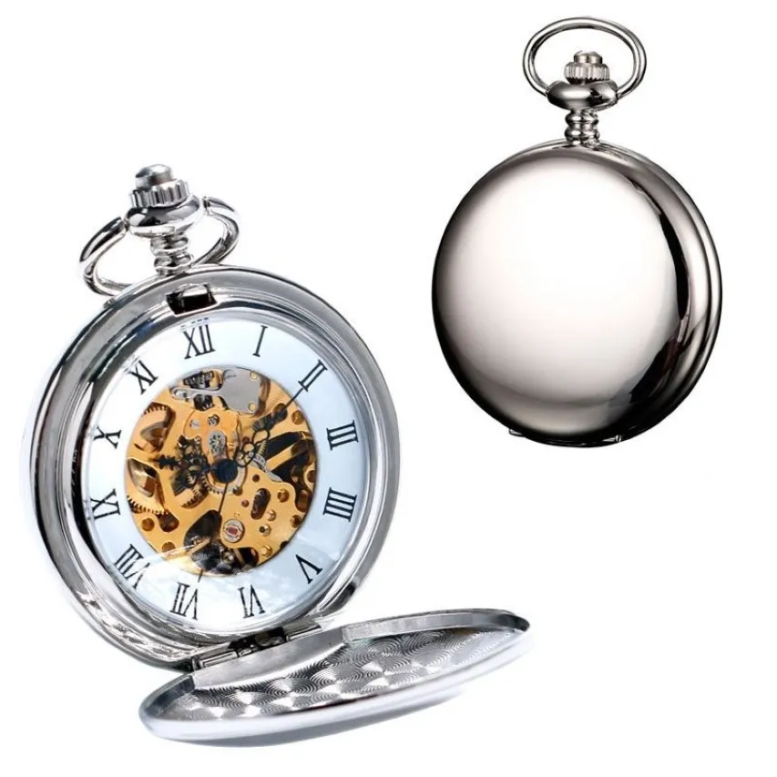 2020 New Arrival Silver Smooth Double Full Hunter Case Steampunk Skeleton Dial Mechanical Pocket Watch With Chain for Gifts T233i