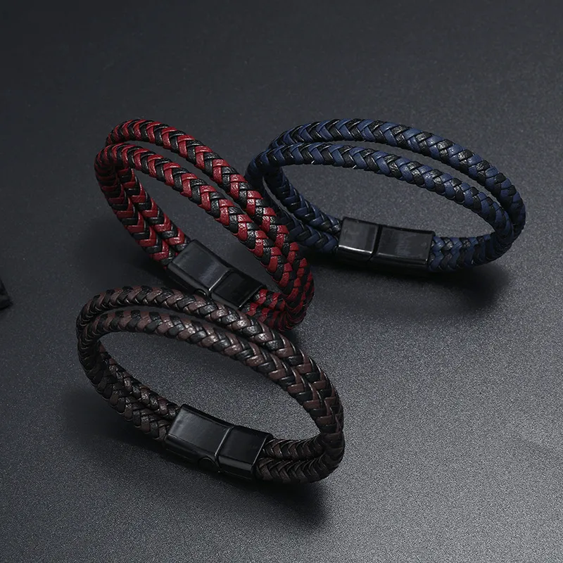 Woven Men's PU Leather Bracelets Black Magnet Buckle Bracelet Magnetic Braid Double Layer Bracelet Bangle Wristband Man Jewelry