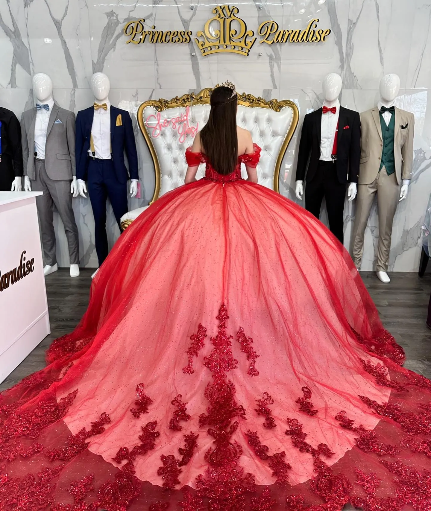 Red Princess Ball Gown Dress Off Shoulder Tulle Appliqu Court Train  Backless Sleeveless from Dhgate Quinceanera Dresses - price 438.42