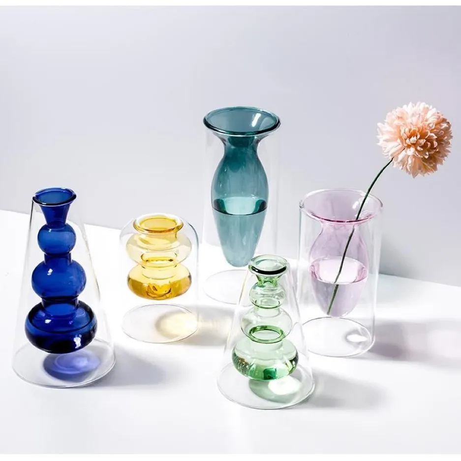 Home Decoration Accessories Nordic Style Colourful Glass Transparent Vase Flower Arrangement Hydroponic Aquaculture Bottle Table2317