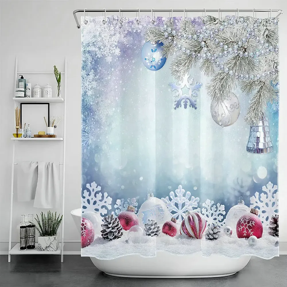 Number Winter Christmas Shower Curtain Xmas Snowflake Sier Balls Bell Pine Tree Bathroom Decor Waterproof Polyester Fabric Curtains